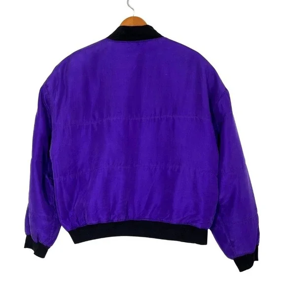 Vintage 80s CLIO‎ 100% Silk Purple Bomber Jacket Sz L Quilted Quiet Luxury Y2K - Picture 5 of 9